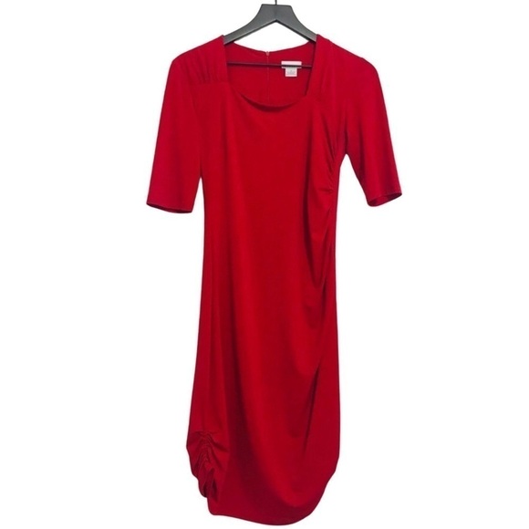 Y2K Liz Claiborne Red Cocktail Bodycon Ruched Side Ruching Midi Party Dress - Picture 1 of 7
